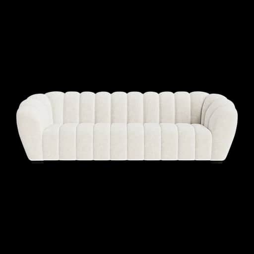 A plush, cream-colored sofa with a channel-tufted design. The sofa features rounded armrests and a c… — free GLTF 3D model