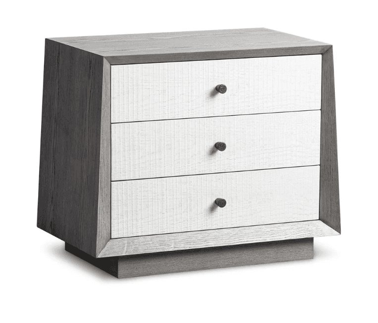 A contemporary nightstand with a distinctive design. It features a grey-toned wooden frame with a we… — 3D model