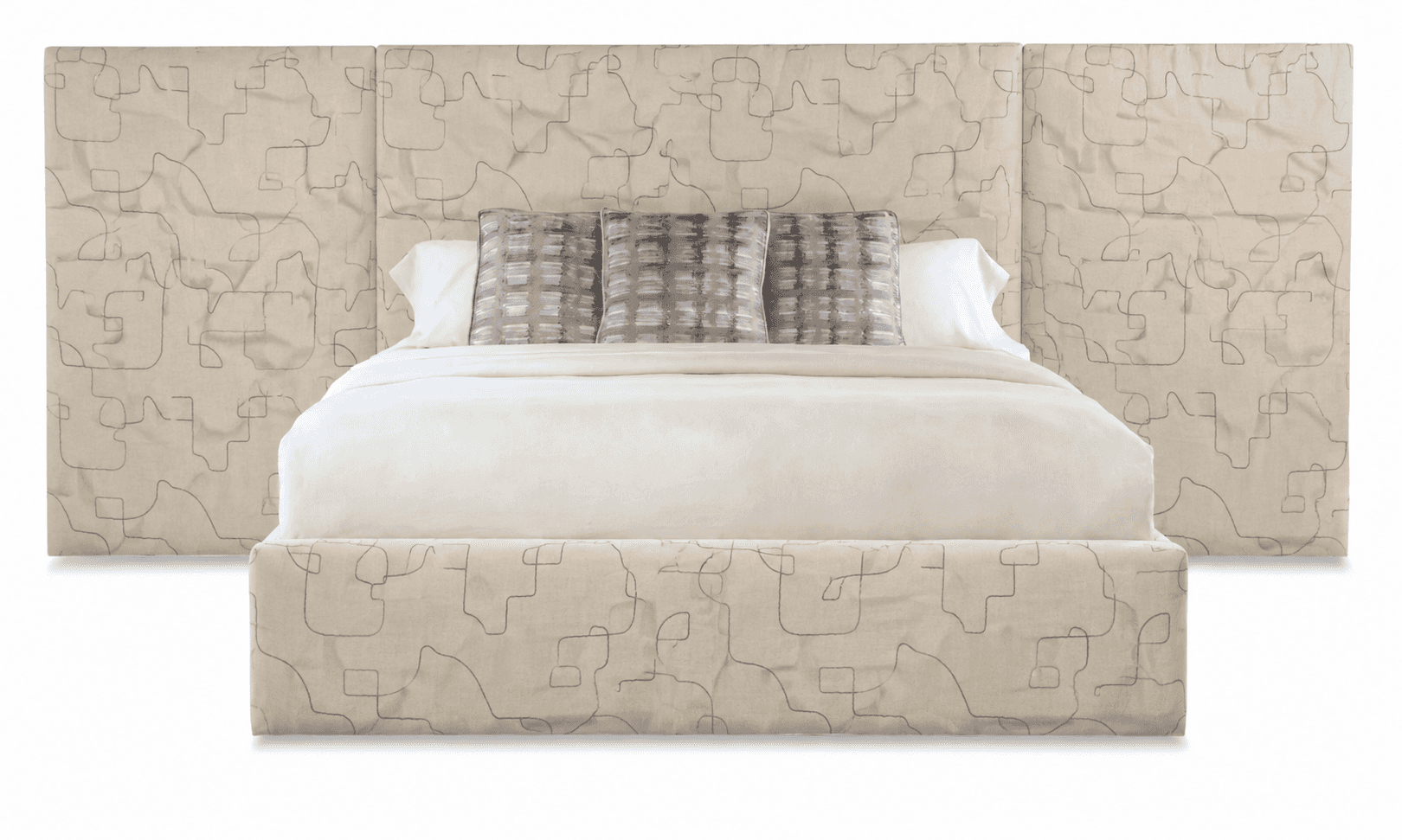 A contemporary upholstered platform bed featuring a low-profile frame and an expansive, integrated h… — 3D model