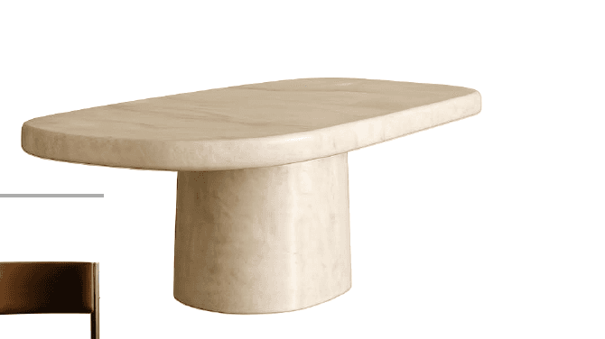 A contemporary coffee table made entirely of light beige travertine stone. It features an elongated… — 3D model