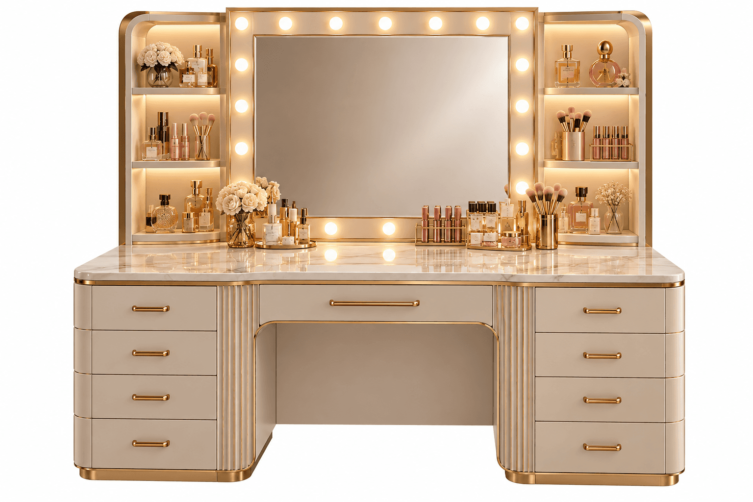 A sophisticated contemporary vanity table featuring a creamy beige finish, gold-finished metal accen… — free FBX 3D model