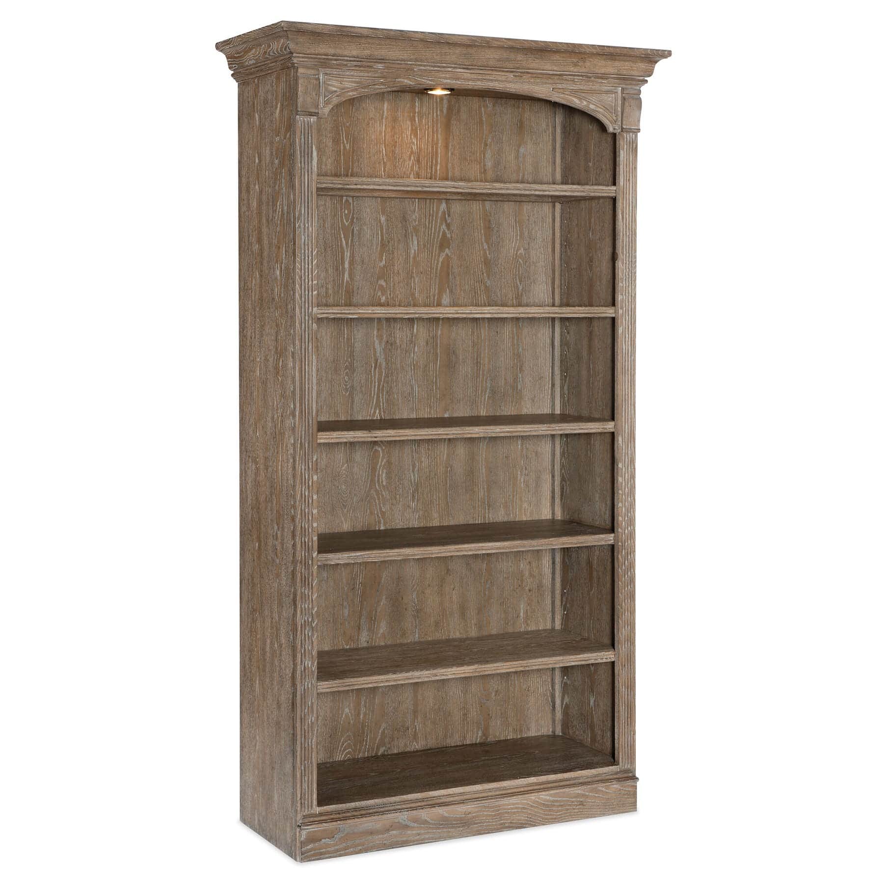A tall, freestanding wooden bookshelf with a distressed finish, featuring decorative crown molding,… — 3D model