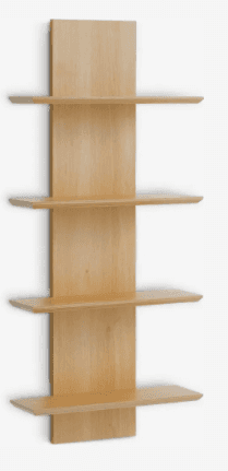 A vertical wall-mounted shelf unit featuring a central wooden panel with four horizontally extending… — 3D model