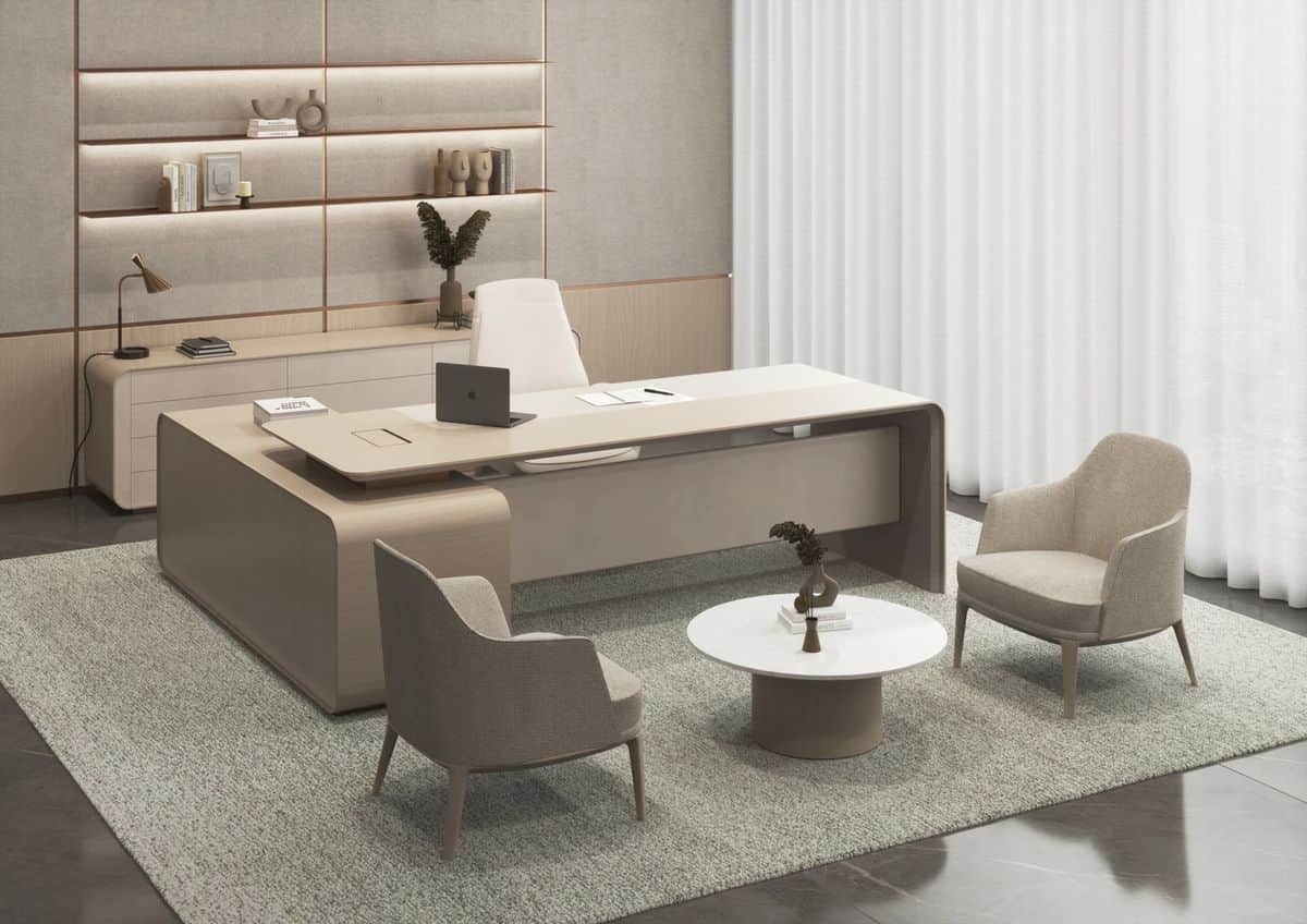 A modern, executive-style desk with a distinctive 'H' or 'I' shape, featuring a solid, angular const… — free OBJ 3D model