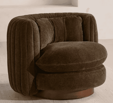 A medium-brown channel-tufted lounge chair with a rounded barrel silhouette, featuring a circular sw… — free OBJ 3D model