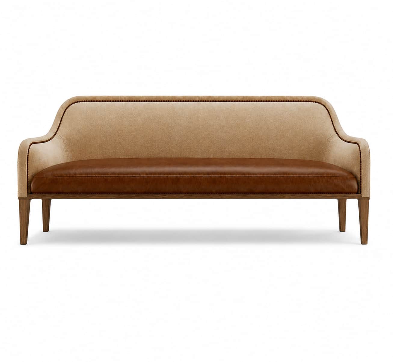 A transitional two-seater settee featuring a brown leather seat cushion, a patterned beige fabric ba… — 3D model