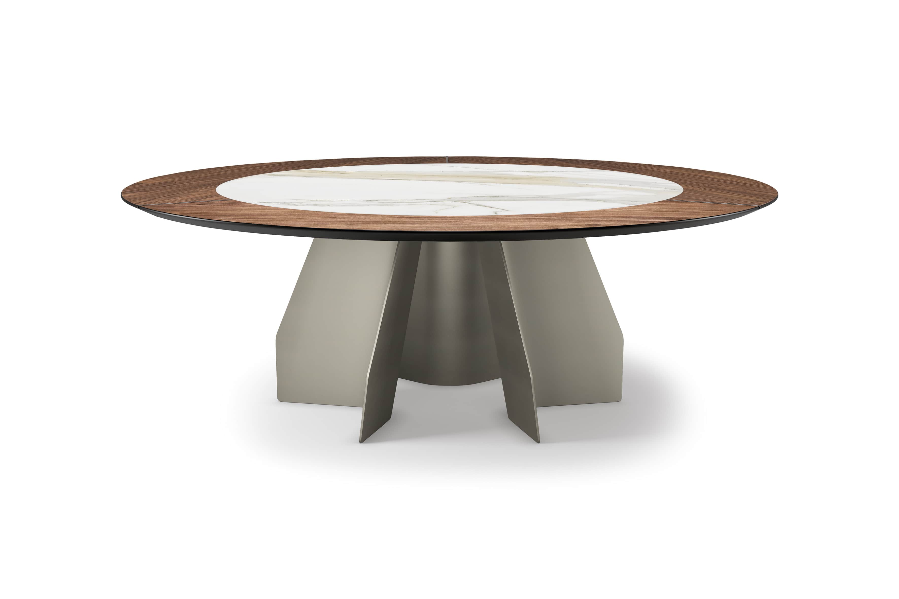 A modern dining table with a circular top featuring a central marble inlay surrounded by a dark wood… — free BLEND 3D model