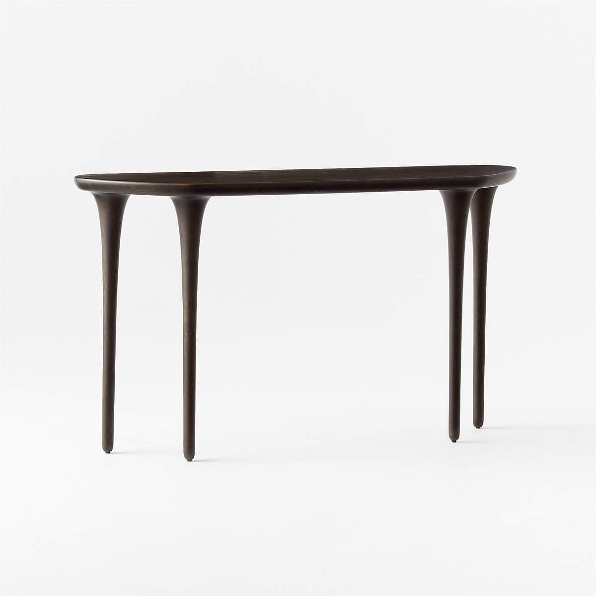 An organic modern console table crafted from dark-stained wood, featuring an elongated, curved table… — 3D model