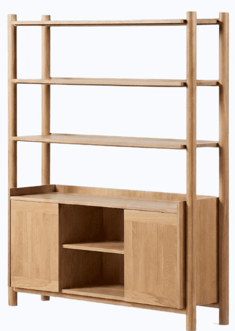 A tall, rectangular modern bookshelf made from natural oak wood, featuring three open shelves in the… — 3D model