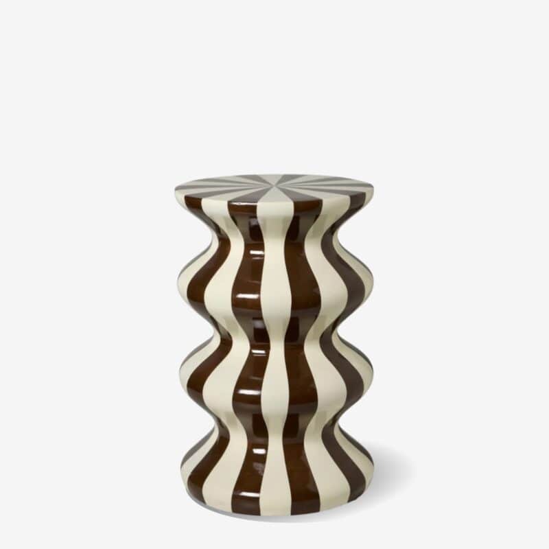 A decorative ceramic stool featuring a wavy, hourglass-like silhouette adorned with bold brown and c… — 3D model