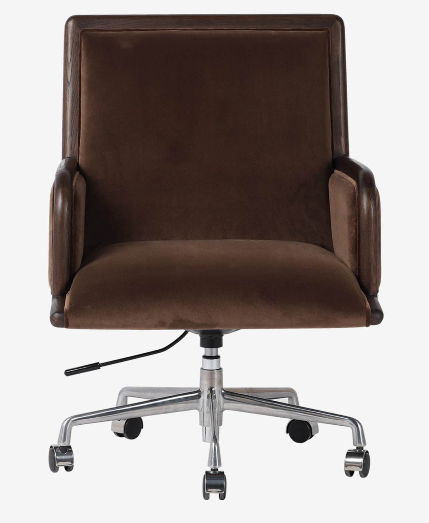 A contemporary office chair with a brown velvet upholstered seat and back, framed by dark stained wo… — 3D model