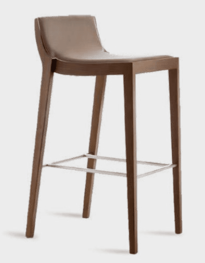 A tall, modern bar stool featuring a rich brown wooden frame and a subtly contoured seat and backres… — 3D model