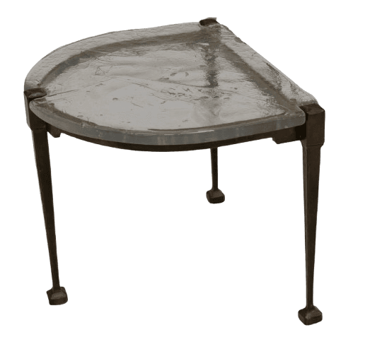 A modern end table with a frosted glass top and a metal frame. The top is semi-circular with a strai… — 3D model