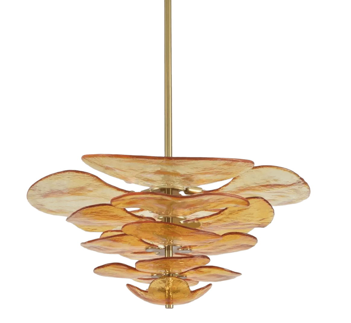 A multi-tiered chandelier with a central brass stem. It features numerous disc-shaped glass elements… — free OBJ 3D model