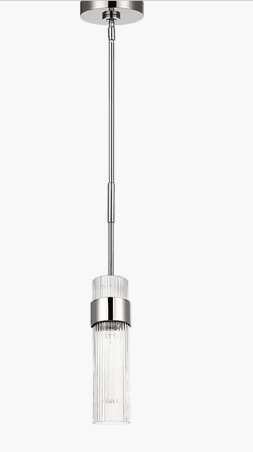 A sleek, modern pendant light featuring a cylindrical fluted glass shade suspended from a polished c… — 3D model