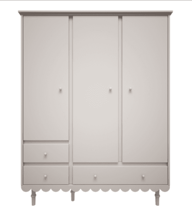 A light grey three-door wardrobe featuring a symmetrical design with three vertical cabinet doors an… — 3D model