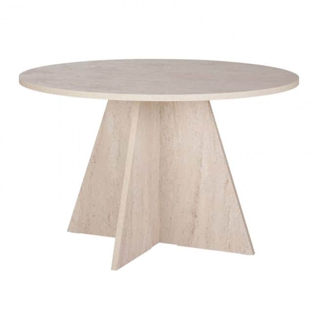 A round table constructed entirely from light-colored travertine, featuring a circular top supported… — 3D model