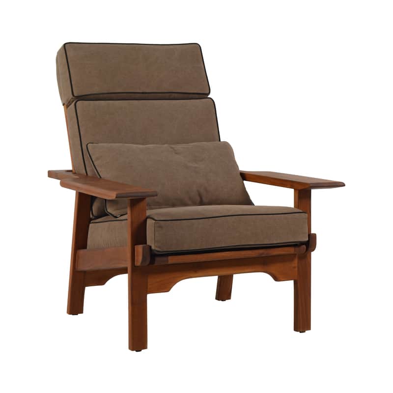 A wooden armchair with upholstered cushions. The armchair features a slatted wooden frame with wide,… — 3D model