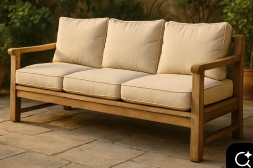 A modern three-seater outdoor sofa constructed from light-colored teak wood with thick, removable be… — free GLTF 3D model
