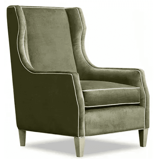 An upholstered wingback armchair in a deep olive green velvet-like fabric. It features a high back w… — 3D model