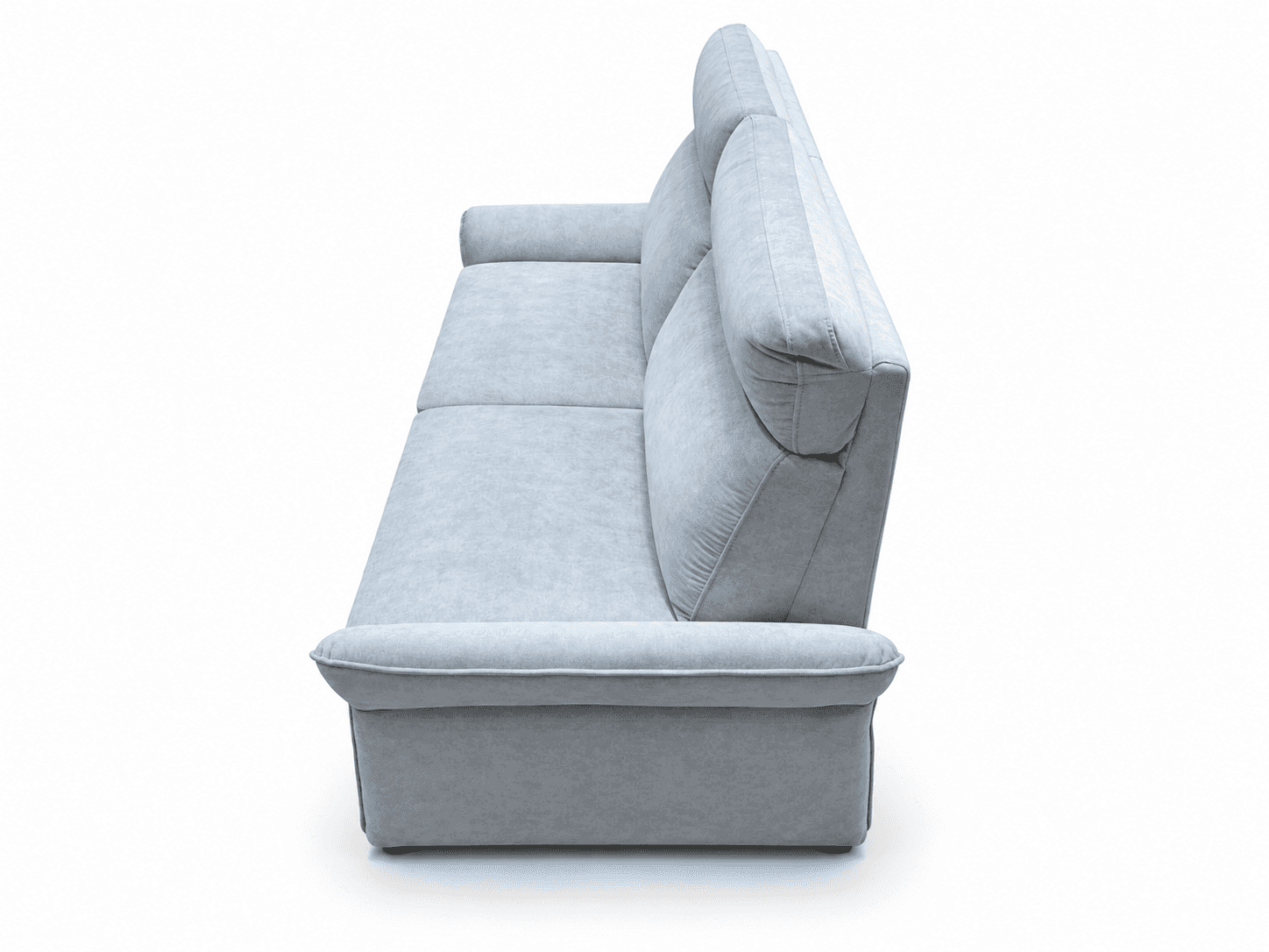 A light blue, contemporary three-seater sofa featuring plush upholstered cushions, integrated adjust… — 3D model
