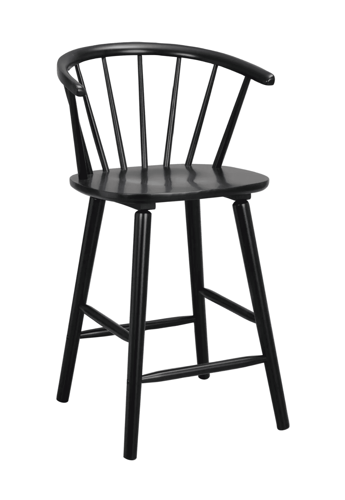 A black wooden bar stool with a curved spindle back and armrests. It features a circular seat suppor… — 3D model