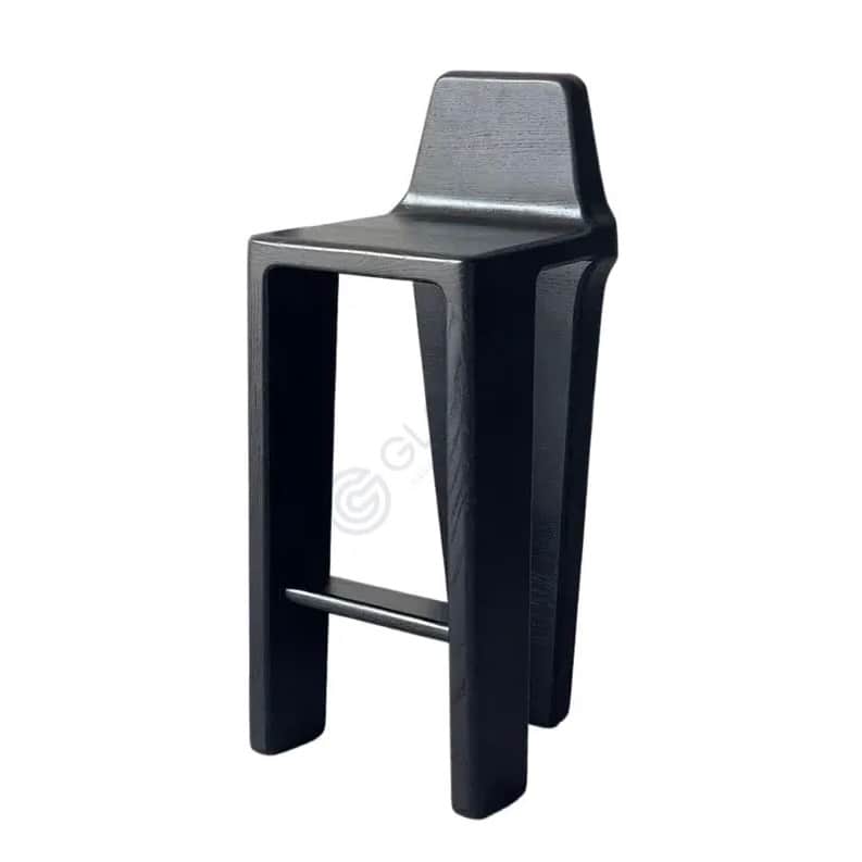 A modern black-stained oak bar stool featuring a minimalist design with an integrated backrest. The… — 3D model