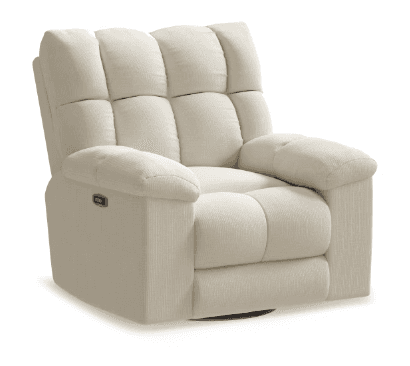 A modern upholstered recliner chair with a swivel base, plush segmented cushioning, padded arms, and… — 3D model