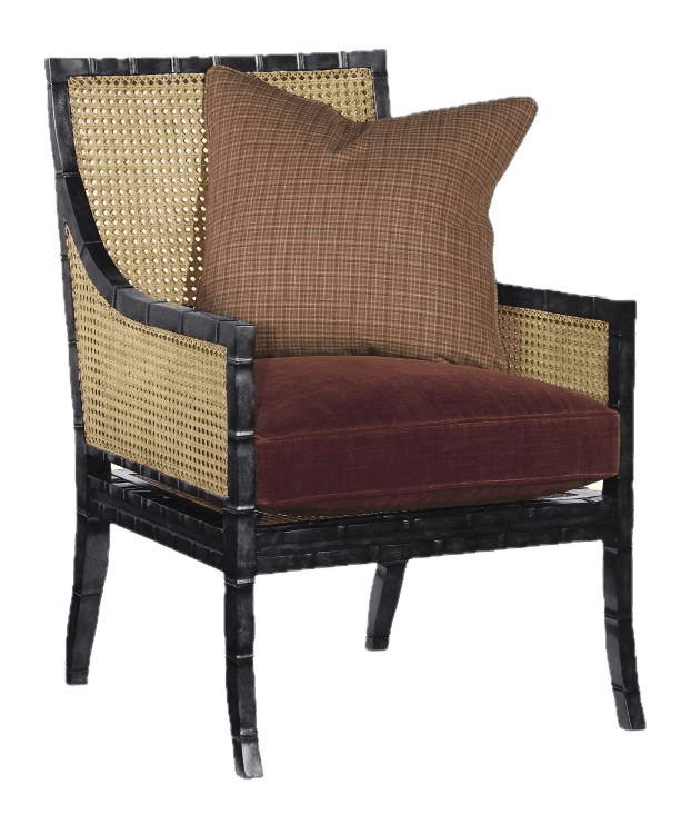 An armchair featuring a black, faux bamboo-style wooden frame. The backrest and side panels incorpor… — 3D model
