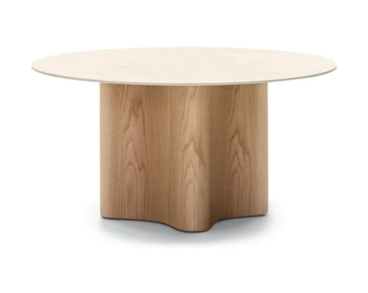 A modern round dining table featuring a light-colored, possibly bleached wood or composite, tabletop… — free BLEND 3D model
