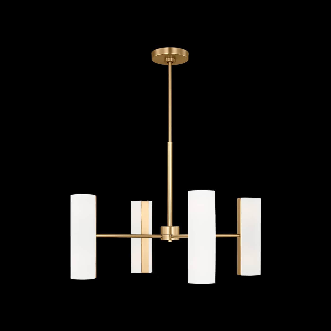 A modern chandelier with a brushed brass finish. It features a central stem extending from a circula… — free OBJ 3D model