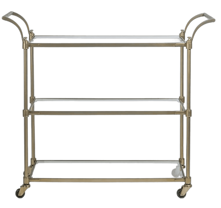 A sophisticated three-tier serving cart featuring a polished brass frame and clear glass shelves, de… — 3D model