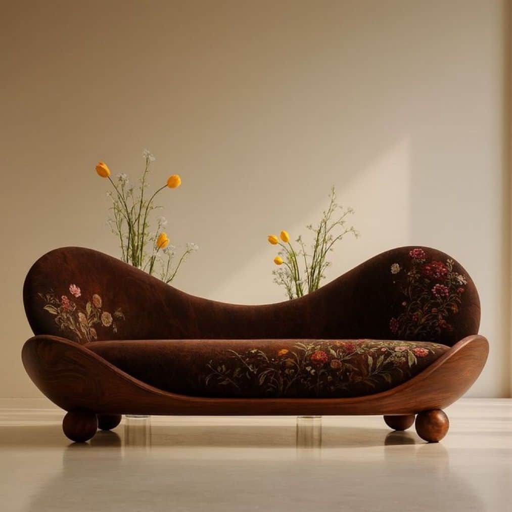 A curved chaise lounge with a dark brown, textured upholstery featuring a floral pattern. The base a… — 3D model