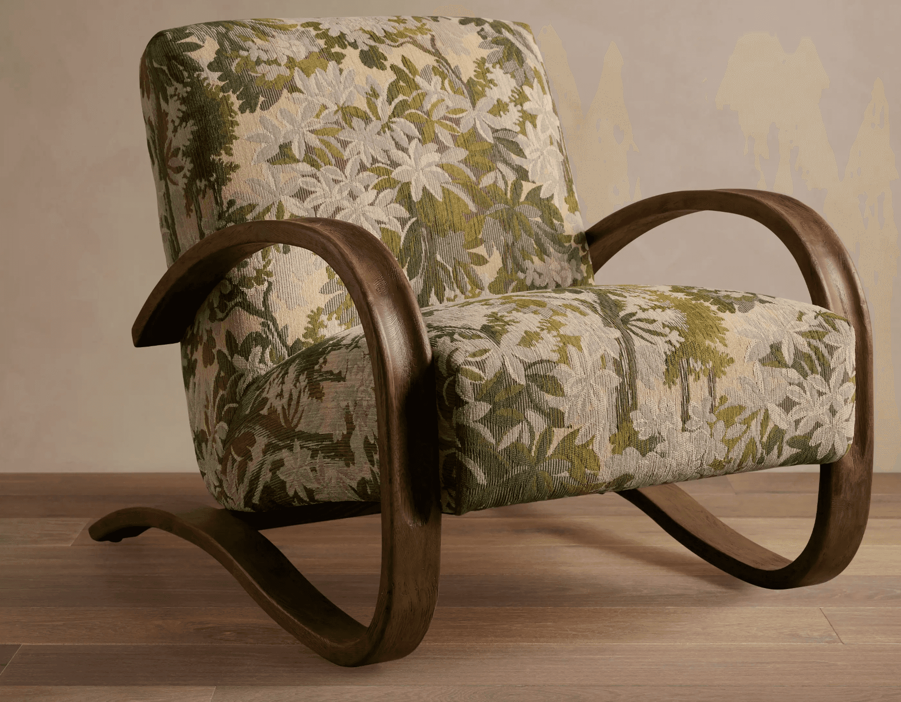 A vintage armchair featuring a high-backed design with curved wooden armrests and a patterned uphols… — 3D model