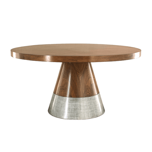A round dining table with a pedestal base. The tabletop is made of wood with a visible grain pattern… — 3D model