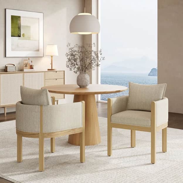 A minimalist round table made of light-toned wood, featuring a thick, conical pedestal base. — 3D model