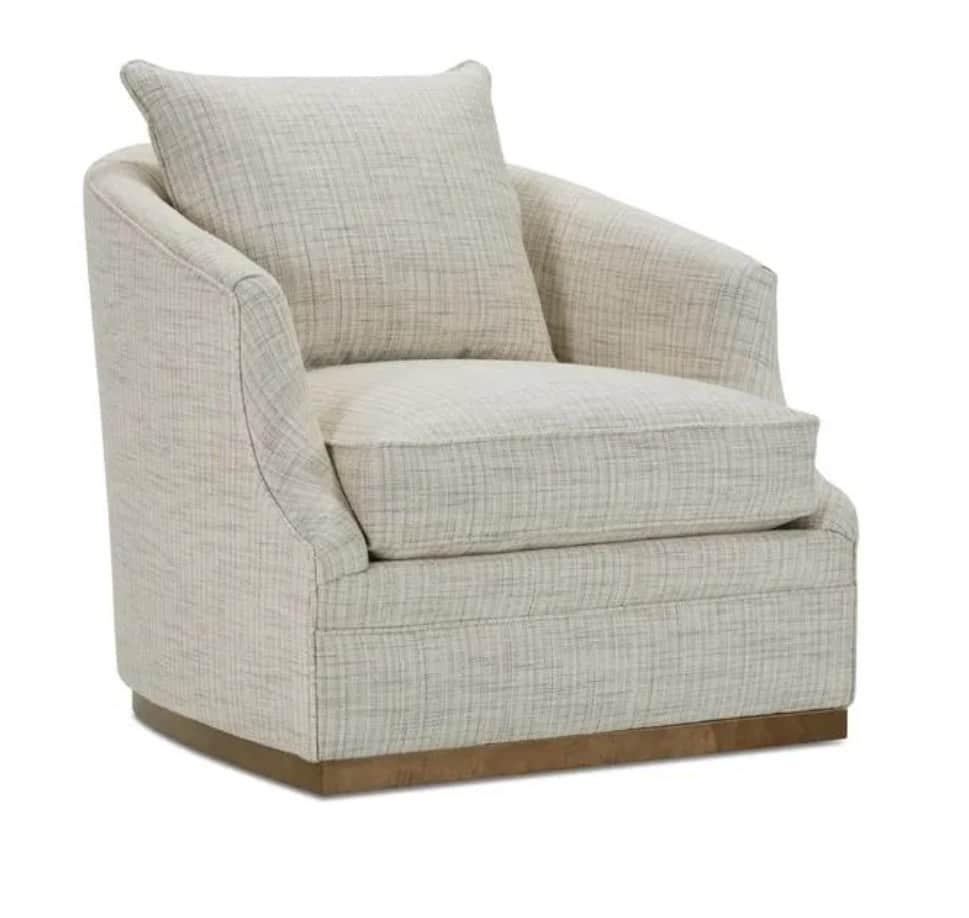 A contemporary upholstered barrel-style chair with a loose seat cushion and a separate back pillow,… — free OBJ 3D model