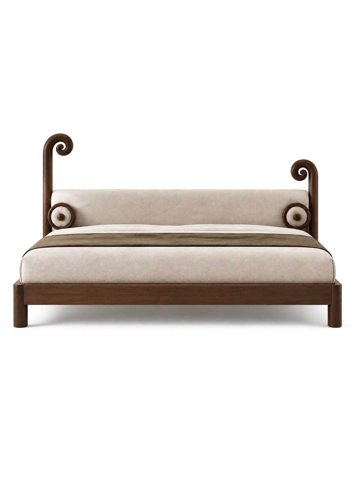 A contemporary platform bed featuring a dark-stained wooden frame and a beige upholstered headboard.… — 3D model