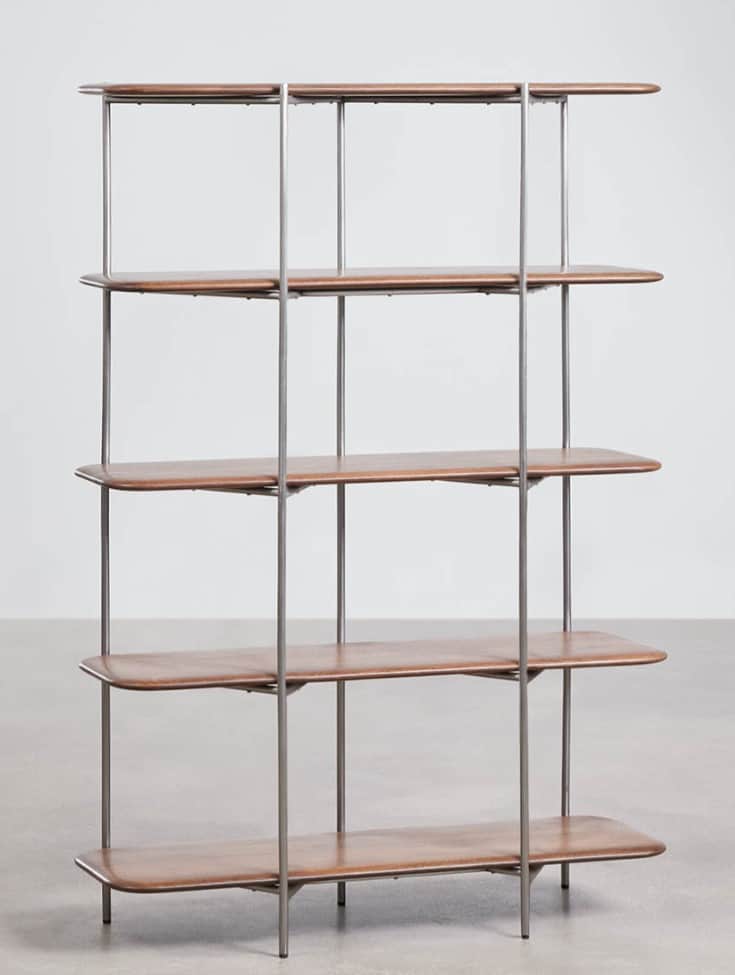 A modern five-tier shelving unit featuring light brown wooden shelves with gently rounded edges, sup… — 3D model
