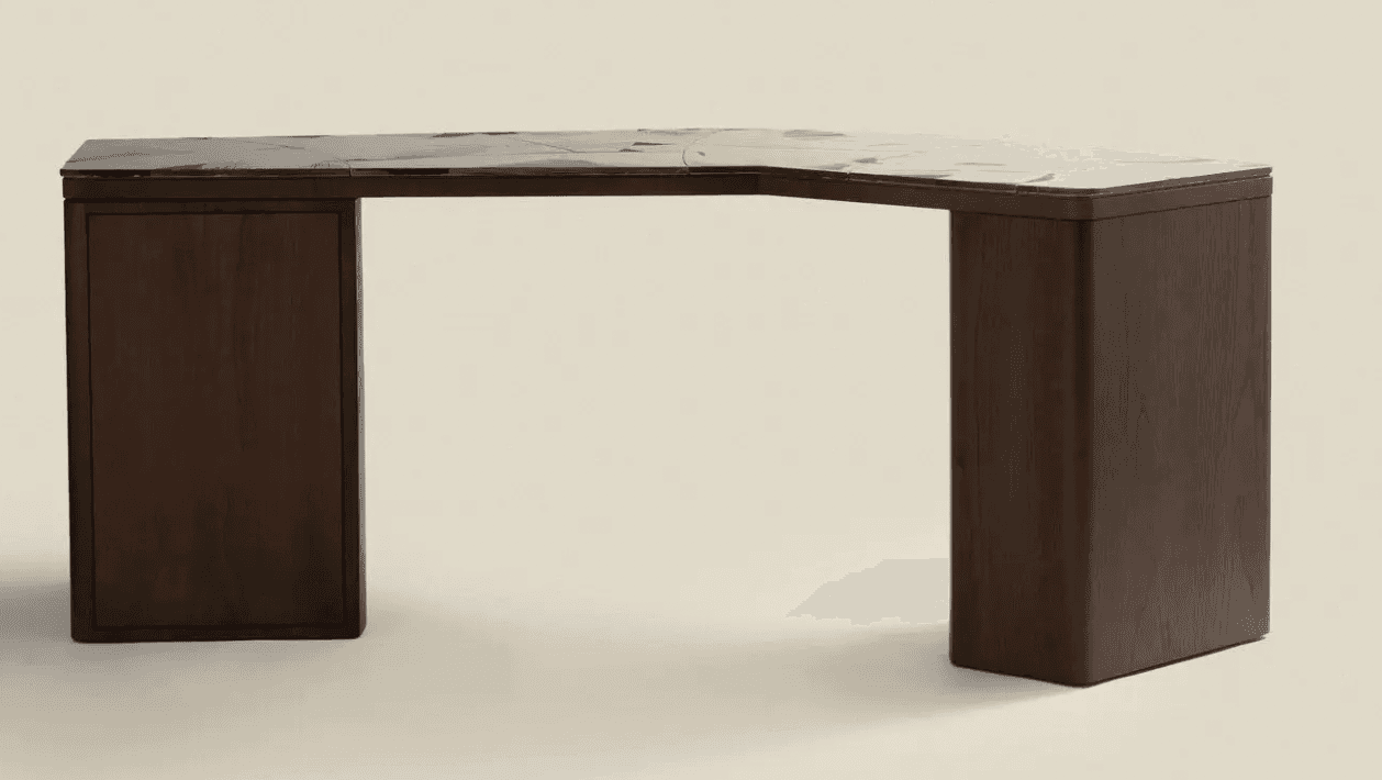 A dark wood corner desk with a marble-patterned top. The desk has a distinctive angular shape, with… — 3D model