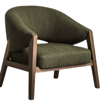 A modern armchair with a rounded back and seat upholstered in textured green fabric. The frame is co… — free OBJ 3D model