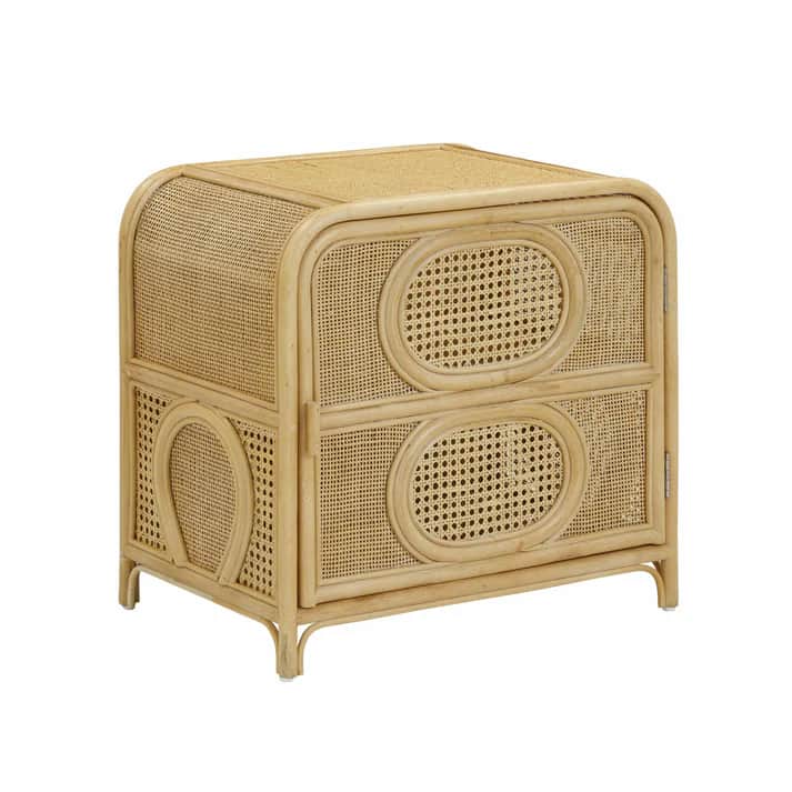 A two-drawer cabinet constructed from woven rattan. The cabinet features rounded corners and decorat… — 3D model