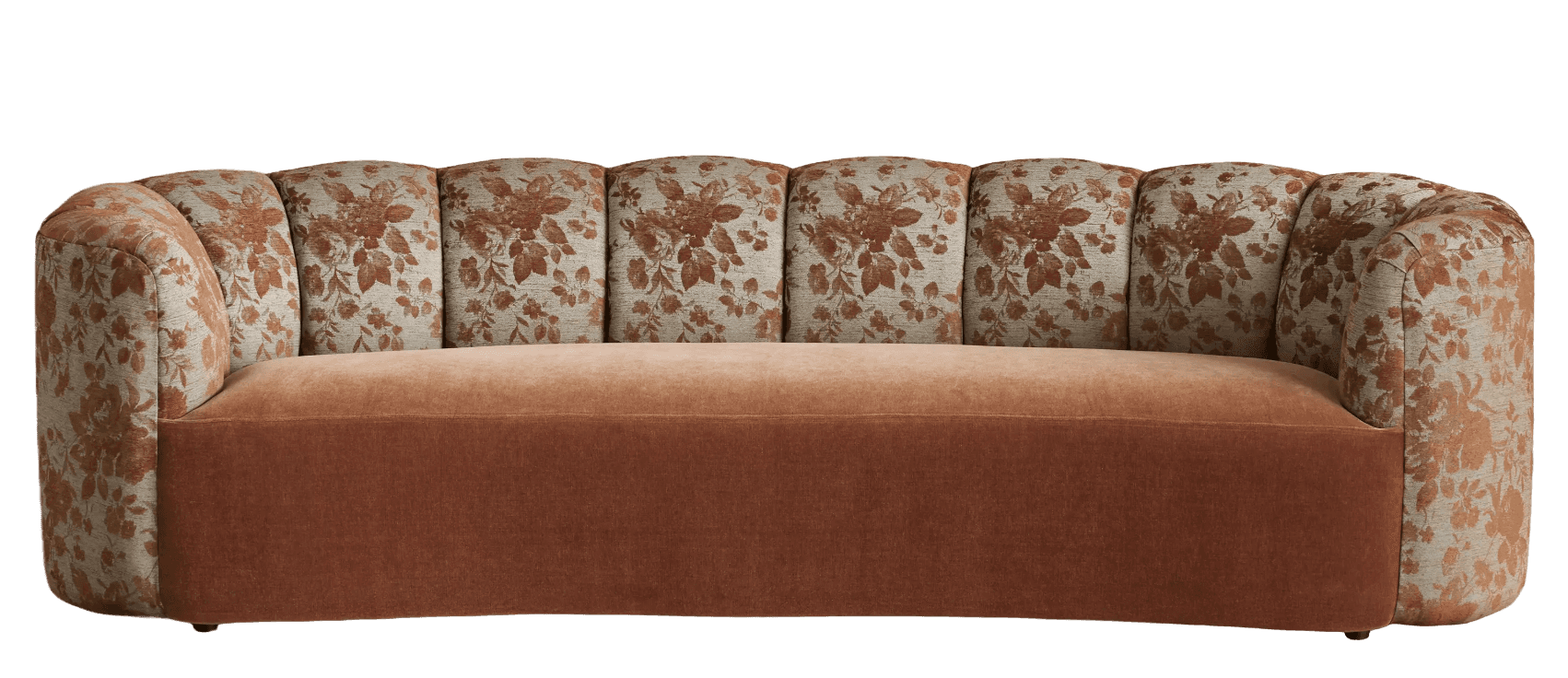 A curved sofa featuring a dual-fabric upholstery design. The seat and lower frame are upholstered in… — 3D model