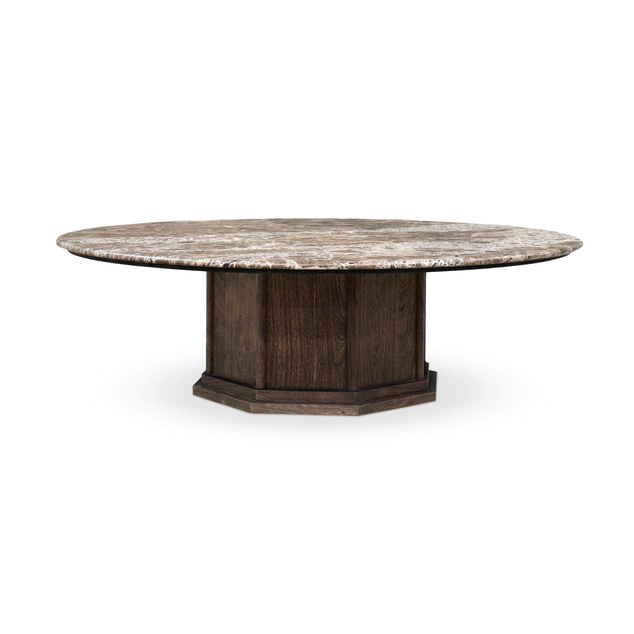 A round table featuring a natural marble tabletop with distinct veining patterns, supported by a sub… — free GLTF 3D model