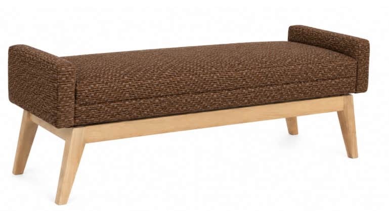 A contemporary upholstered bench featuring a long, rectangular seat and integrated low armrests at b… — 3D model