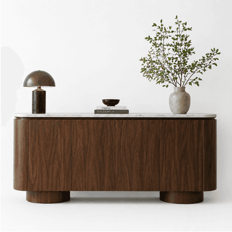 A modern, minimalist sideboard or credenza featuring a dark walnut veneer body, a white marble top,… — 3D model