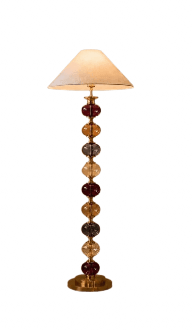 A tall, elegant floor lamp featuring a base constructed from a series of stacked, multi-colored tran… — free STL 3D model