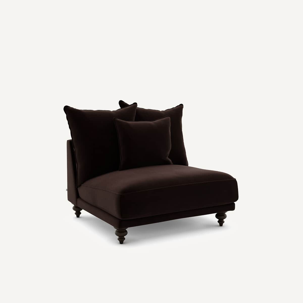 A plush, dark brown armchair with a low profile and three loose back cushions. The armchair features… — 3D model
