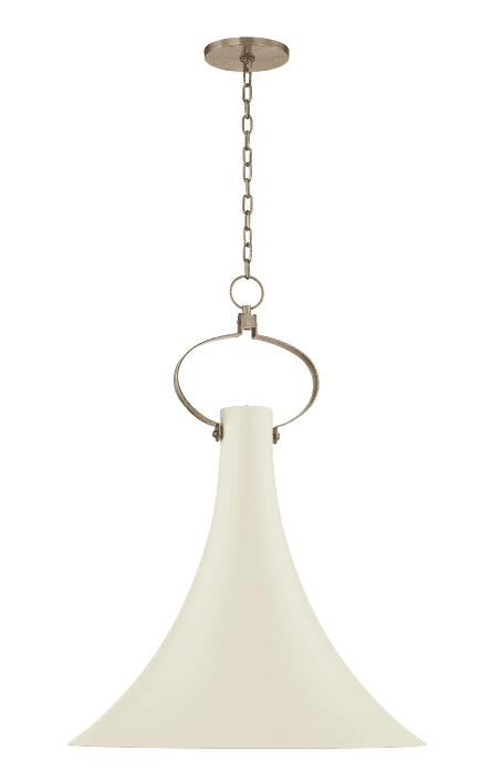 A bell-shaped pendant light featuring a cream-colored metal shade and aged brass-finished suspension… — 3D model