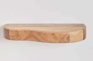 A single, natural wood shelf with a live edge. The shelf has a curved front edge and a flat top surf… — 3D model